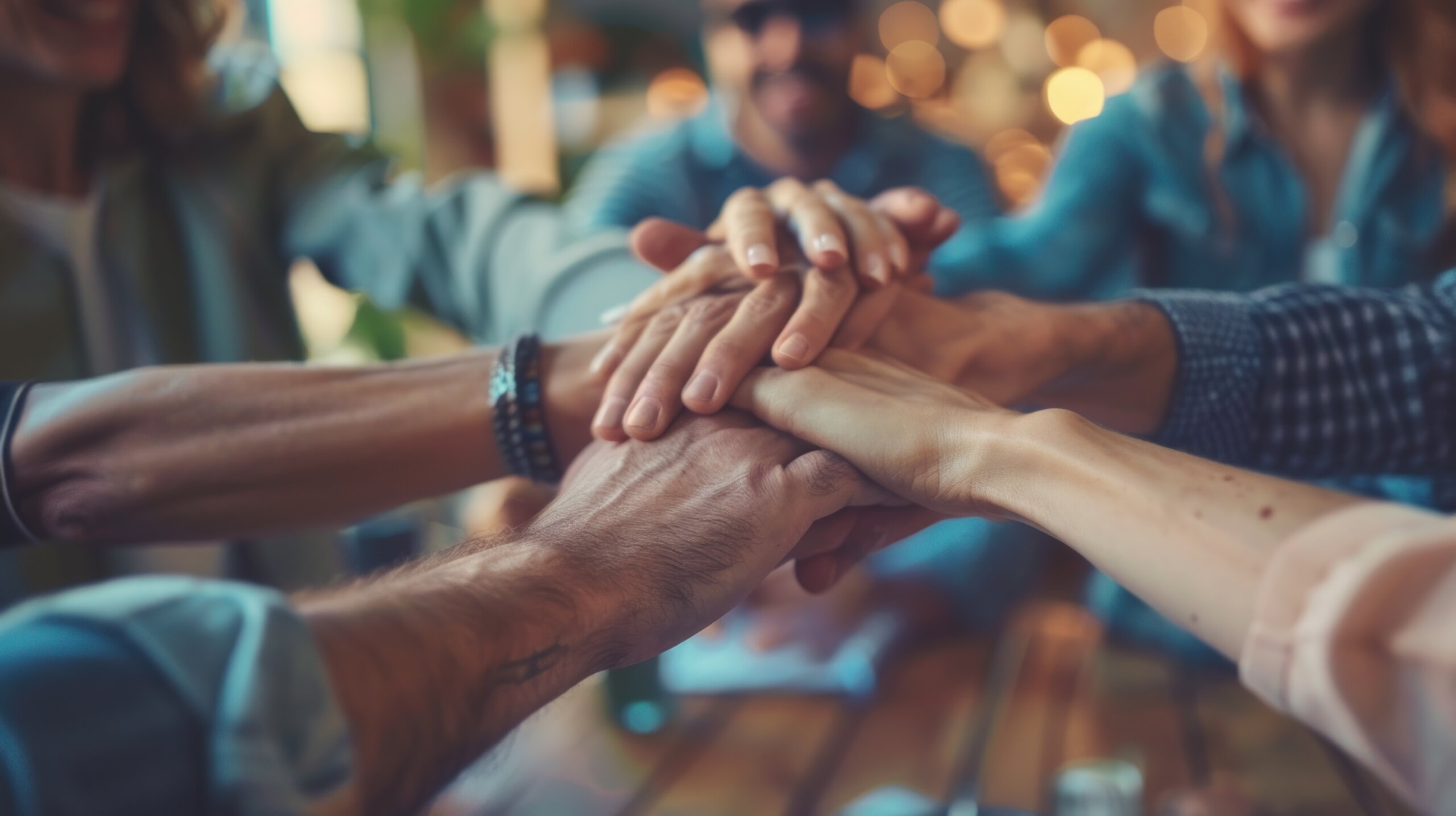 A stack of hands represents a sense of belonging in a credit union community.